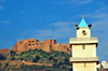 Oran, Algeria / Algrie: Djebel Murdjadjo mountain and Santa Cruz fortress - minaret of the former church of St Andrew - photo by M.Torres | montagne Djebel Murdjadjo et la forteresse de Santa Cruz - premier plan le minaret de l'ex-eglise St Andr