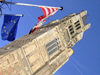 Belgium - Brugge / Bruges (Flanders / Vlaanderen - West-Vlaanderen province): Flags and the Gothic Church - EU flag - EUropean flag - Unesco world heritage site (photo by M.Bergsma)