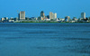 Kinshasa, Democratic Republic of the Congo: skyline and the Congo river - the city's tallest buildings can be seen, Titanic building, Sozacom / Gecamines tower, BCDC tower - photo by M.Torres