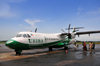 Libreville, Estuaire Province, Gabon: passengers leave a Ceiba Intercontinental airlines ATR 72-212A cn790 3C-LLI - Lon M'ba International Airport - IATA LBV - photo by M.Torres