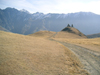 Georgia - near Kazbegi: approach to Tsminda Sameba church - photo by Austin Kilroy