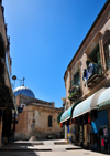 Jerusalem, Israel: silver dome of the Greek-Orthodox Church of St. John the Baptist and shops with awnings of Suq Aftimos - built in the 11th C over the ruins of an earlier 5th C Byzantine church - Muristan, Christian quarter - photo by M.Torres