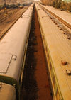 Bishkek, Kyrgyzstan: trains converge to infinity - seen from above - Bishkek railways station - photo by M.Torres