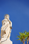 Bethlehem, West Bank, Palestine: St. Catherine's Roman Catholic church - statue of the saint on top of the faade - Saint Catherine of Alexandria - martyr beheaded by the Roman Emperor Maximinus - photo by M.Torres