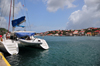 Gustavia, St. Barts / Saint-Barthlemy: aft view of the catamaran Kuthali - Gustavia harbour - photo by M.Torres