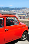 Cagliari, Sardinia / Sardegna / Sardigna: a red Cinquecento enjoys the view from Terrazza Umberto I - Fiat 500, designed by Dante Giacosa - quartiere Castello - photo by M.Torres