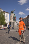 Student promoting upcoming protest in Presernov trg, Ljubljana, Slovenia - photo by I.Middleton