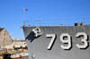 Boston, Massachusetts, USA: Charlestown Navy Yard - USS Cassin Young DD-793 - prow with anchor and US Naval Jack - USN hull number - photo by M.Torres