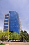 Denver, Colorado, USA: Regency Plaza, Class AA office tower -  curved blue glass curtain wall in a granite and chrome faade - Michael Barber Architecture - South Ulster Street - Denver Technological Center / DTC - photo by M.Torres