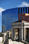 Denver, Colorado, USA: ING Security Life Center tower and neo-classical detail of the Greek amphitheater in the Civic Center Park - photo by M.Torres