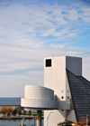 Cleveland, Ohio, USA: Rock and Roll Hall of Fame along Lake Erie - design by architect I. M. Pei including his famous glass pyramids - North Coast Harbor - photo by M.Torres