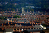 Wales - Cardiff: rooftops - brick chimneys and church tower - red roofs - terraced houses - photographer: R.Eime